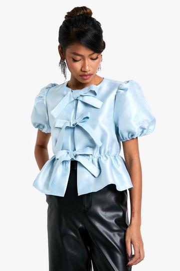 Gesmokte Taffeta Top Met Strik En Pofmouwen blue