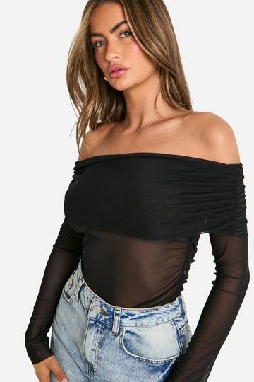 Mesh Bardot Ruched Side Seam Top black