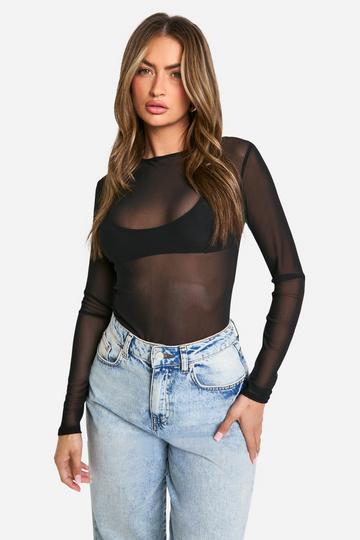 Basic Mesh Bodysuit Met Lange Mouwen black