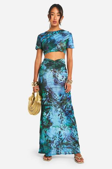 Printed Ruched Detail Maxi Skirt blue