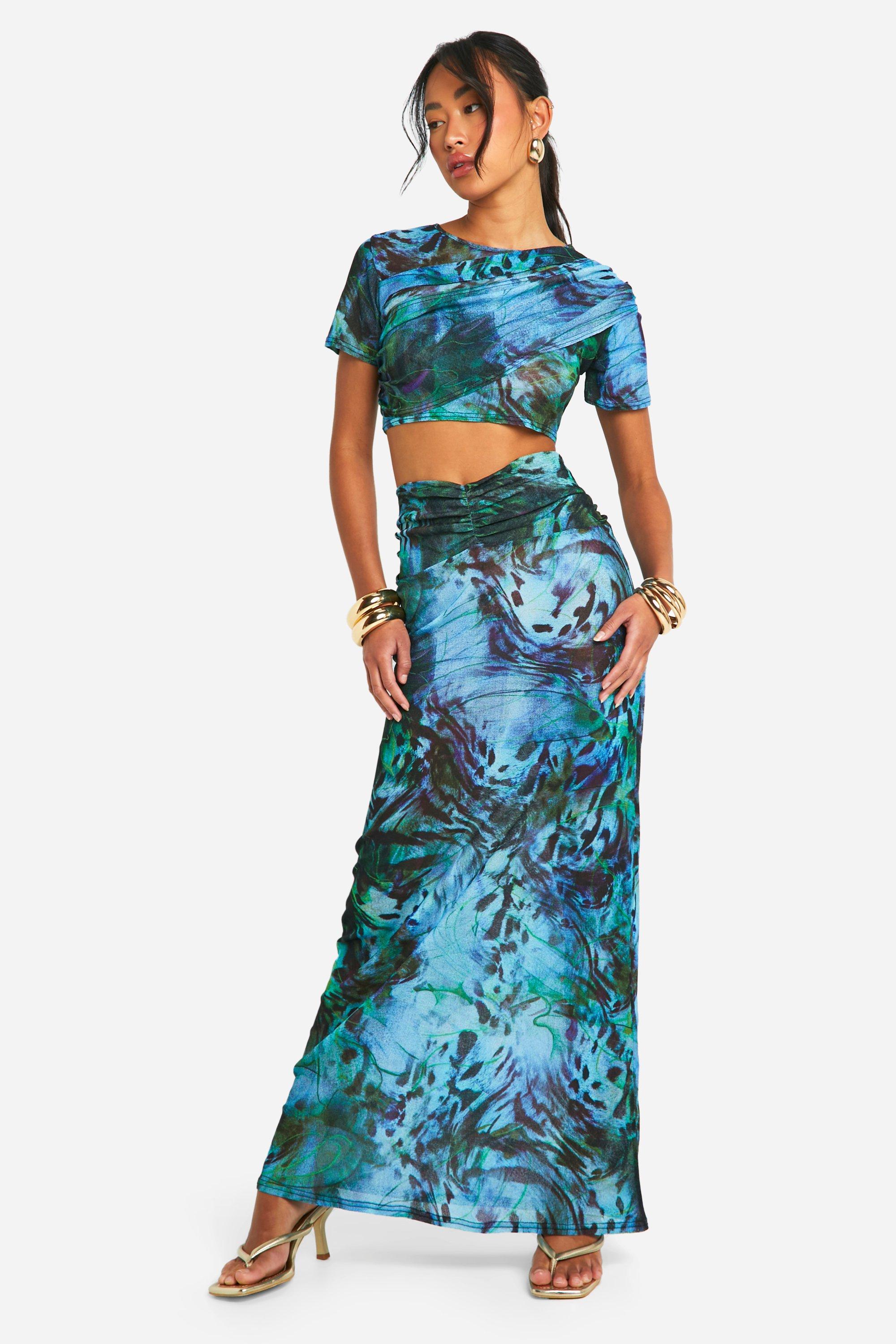 Printed Ruched Detail Maxi Skirt boohoo