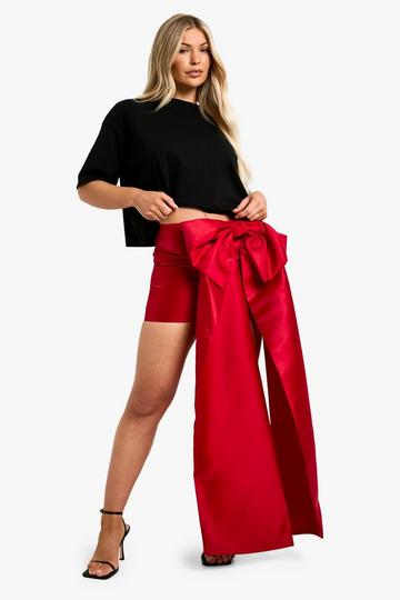 Premium Structured Bow Draped Satin Mini Skirt red