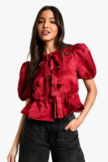 Textured Jacquard Tie Front Puff Sleeve Smock Top berry