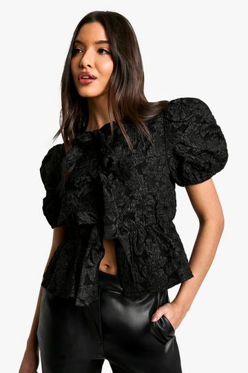 Textured Floral Jacquard Tie Front Puff Sleeve Smock Top black