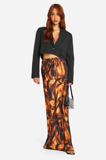 Marble Print Drawstring Tie Waist Satin Maxi Skirt burnt orange