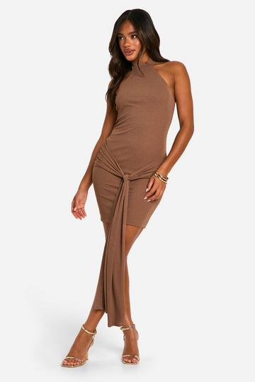 Sheer Tie Waist Halter Mini Dress mocha