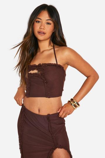 Ruffle Key Hole Cross Front Top chocolate