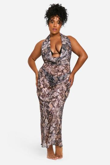 Leopard Multi Plus Snake Print Cowl Neck Maxi Beach Dress