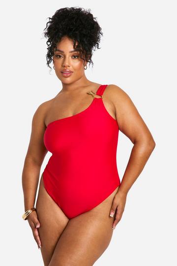 Plus Trim One Shoulder Swimsuit red