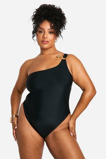 Plus Trim One Shoulder Swimsuit black