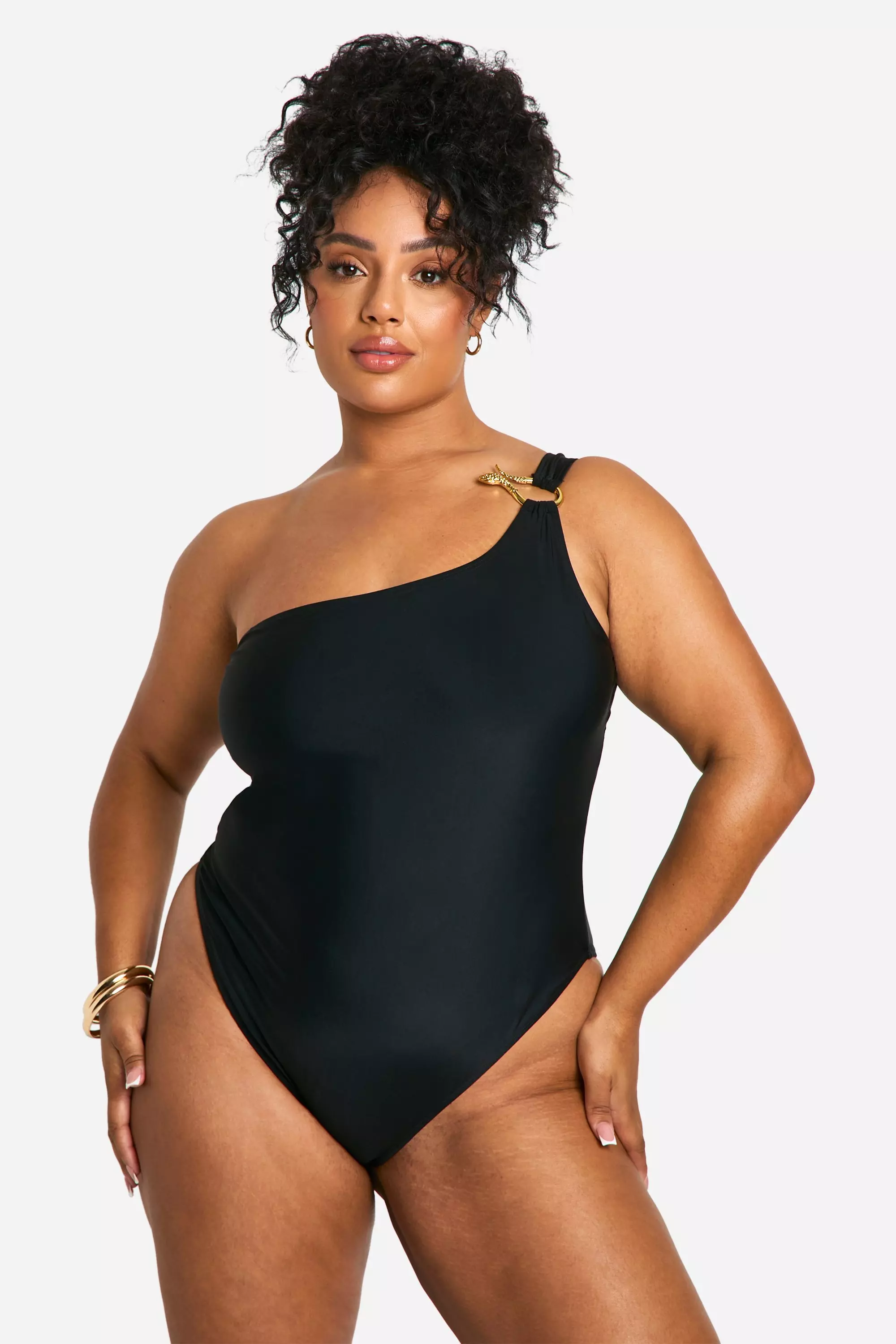 Black Plus Trim One Shoulder Swimsuit  alternative image