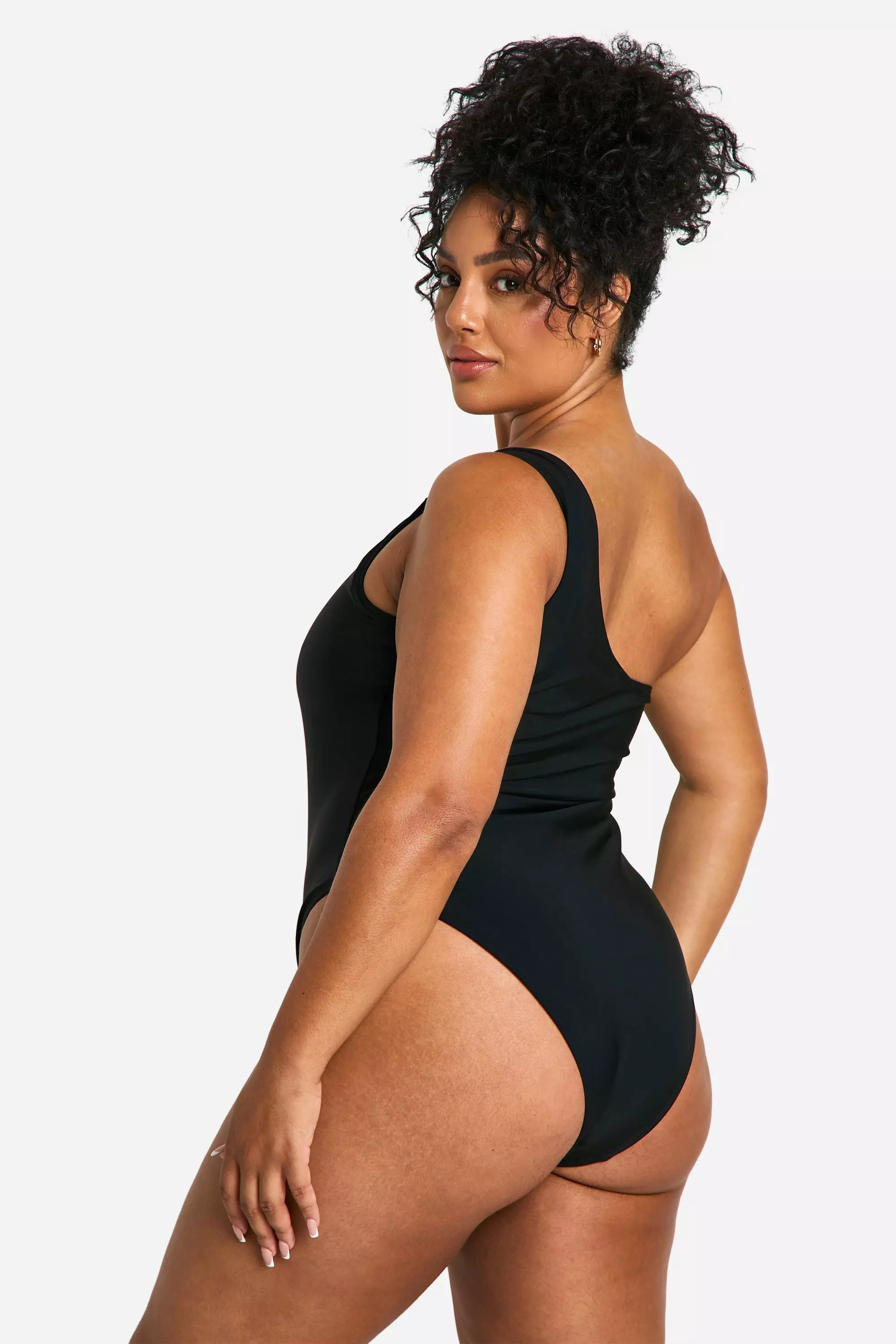 Black Plus Trim One Shoulder Swimsuit  alternative image