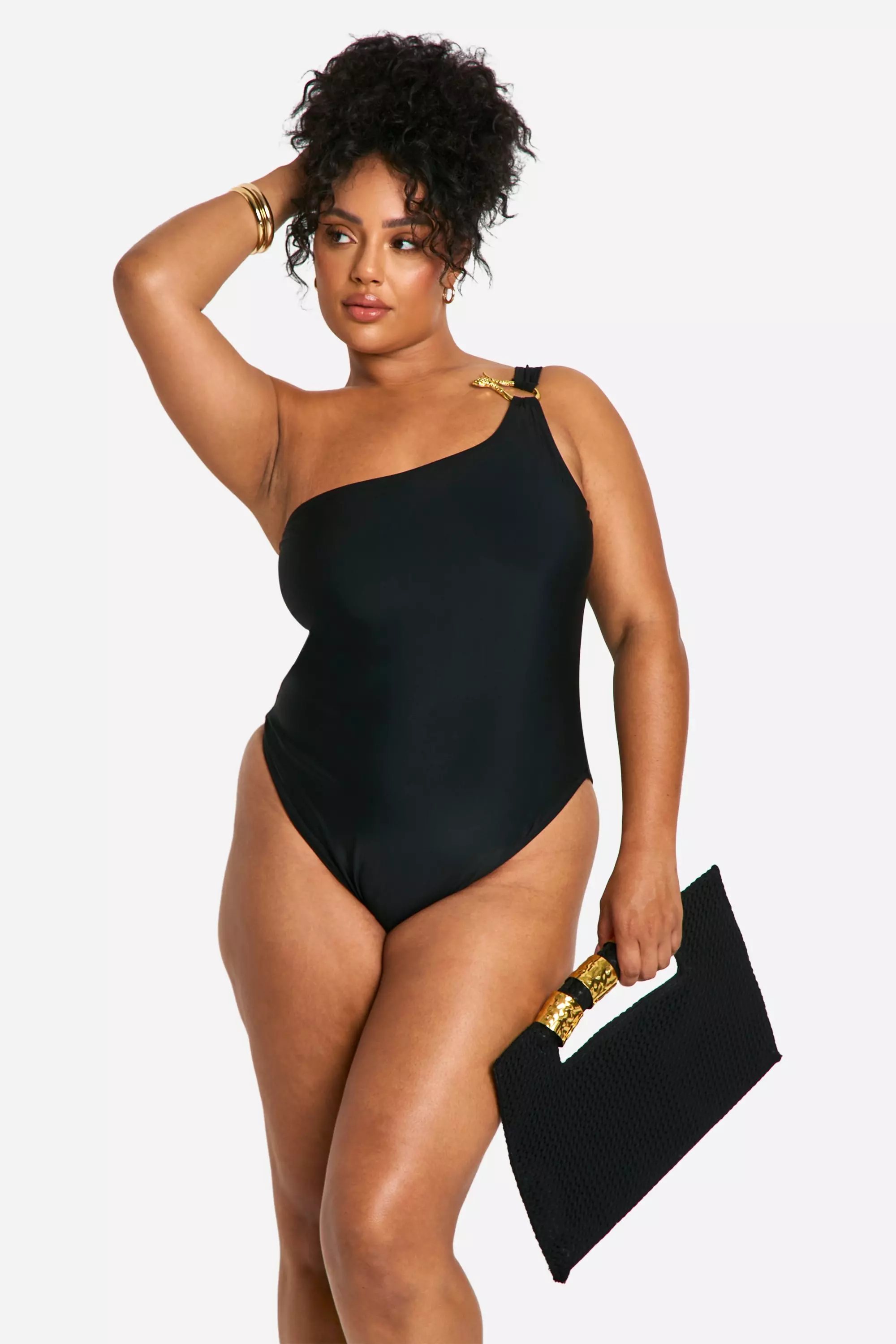 Black Plus Trim One Shoulder Swimsuit  alternative image