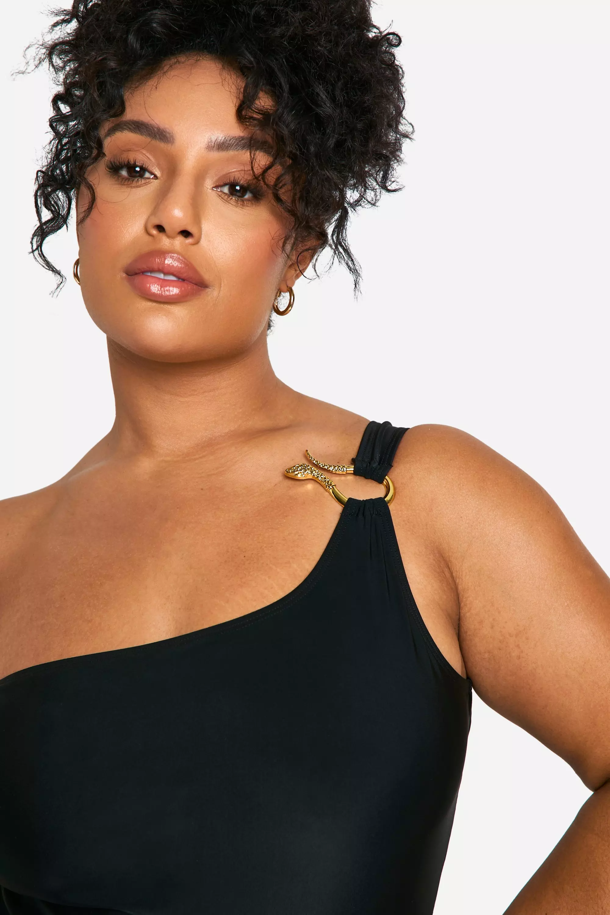 Black Plus Trim One Shoulder Swimsuit  alternative image