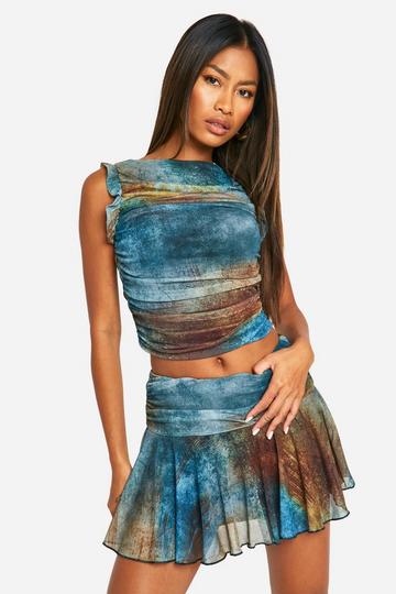 Geplooide Mesh Crop Top Met Geplooide Schouders En Vegen blue