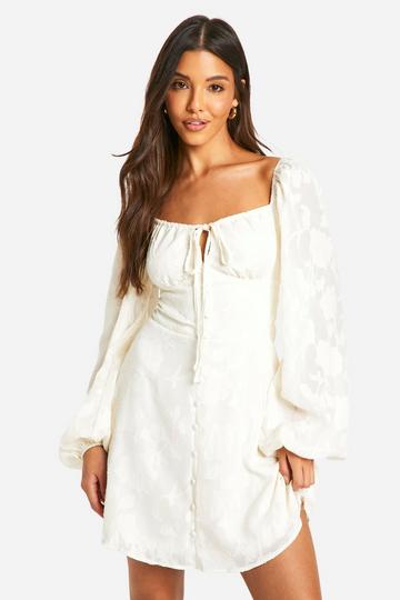 Textured Balloon Sleeve Milkmaid Mini Dress cream