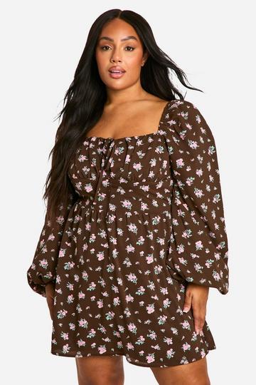 Plus Floral Balloon Sleeve Milkmaid Skater Dress brown