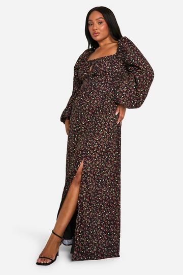 Black Plus Ditsy Balloon Sleeve Milkmaid Maxi Dress