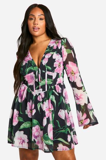 Plus Geweven Chiffon Bloemen Melkmeisjes Skater Jurk black