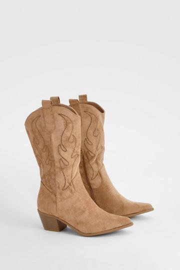 Embroidered Stud Knee High Cowboy Boots camel