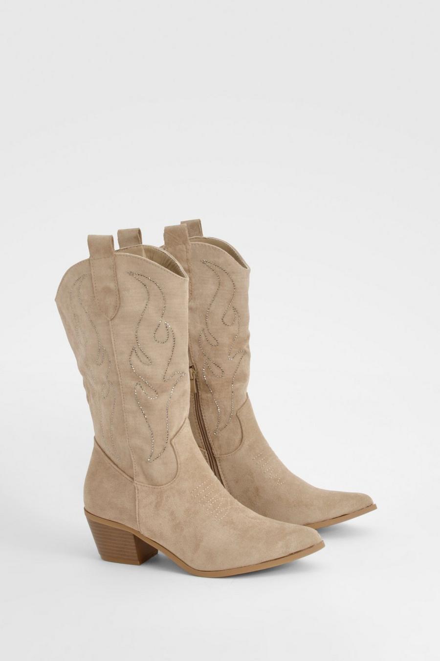 Camel Embroidered Stud Knee High Western Boots   