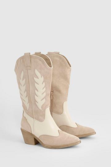 Contrast Panel Knee High Cowboy Boots beige