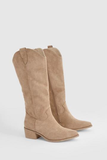 Beige Tab Detail Knee High Cowboy Boots