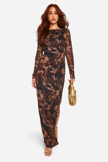 Mesh Luipaardprint Maxi Jurk Met Lage Lage Ronde Rug leopard