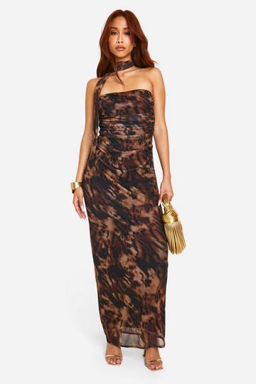 Multi Leopard Mesh Scarf Neck Bandeau Maxi Dress