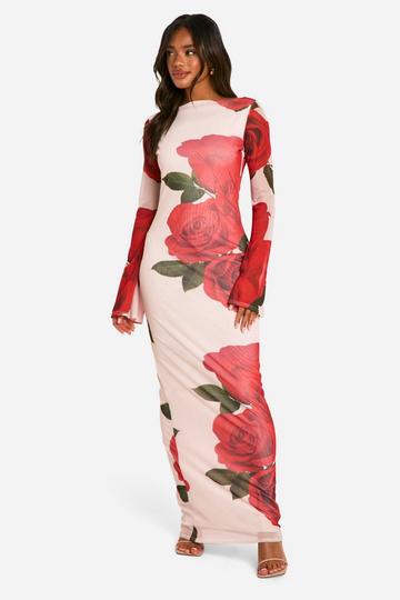 Slash Neck Rose Mesh Print Flare Sleeve Maxi Dress red