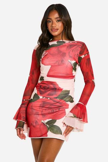 Red Slash Neck Rose Mesh Print Flare Sleeve Mini Dress