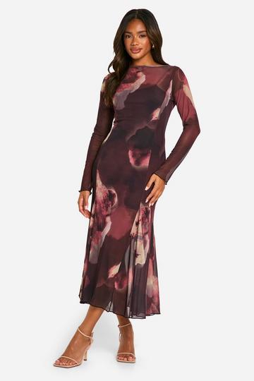 Plum Purple Boat Neck Floral Mesh Print Godet Hem Midi Dress