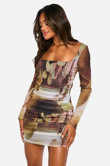 Square Neck Ruched Mesh Printed Bodycon Dress multi