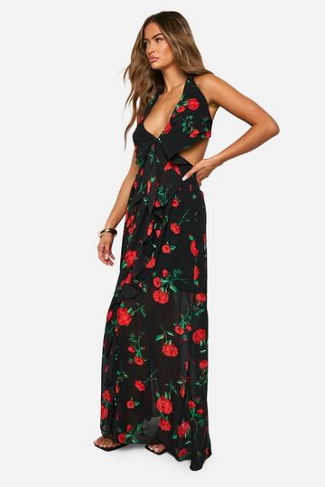 Bloemen Maxi Jurk Met Uitsnijding black