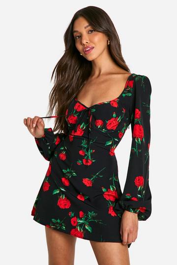 Bloemenprint Melkmeisjes Mini Jurk black