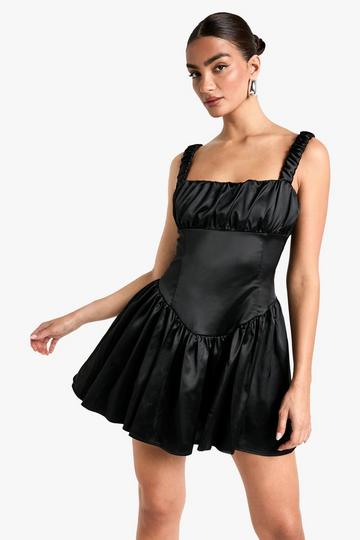 Satin Milkmaid Mini Dress black