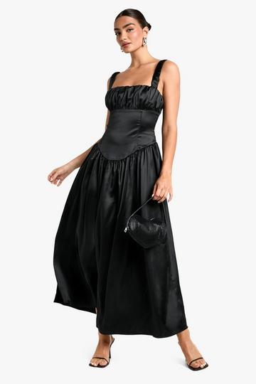 Satin Milkmaid Midaxi Dress black