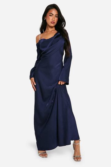 Navy Satin Maxi Asymmetric Dress