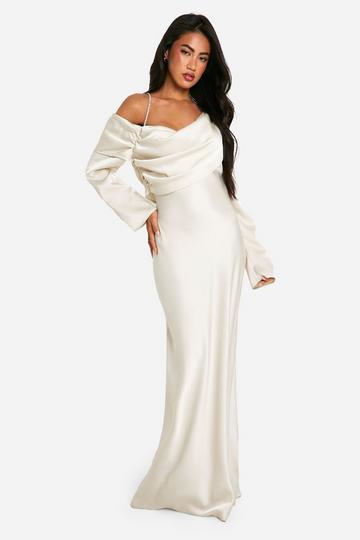 Champagne Beige Satin Maxi Asymmetric Dress