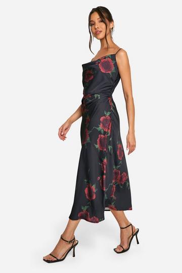 Midaxi Floral Cowl Neck Dress black