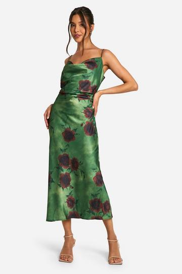 Midi Floral Cowl Neck Dress khaki