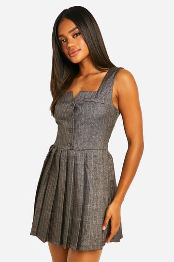 Pleated Button Down Mini Tailored Dress brown