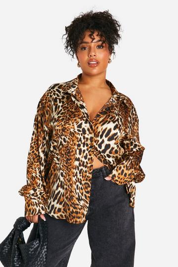 Plus Mixed Leopard Oversized Shirt brown