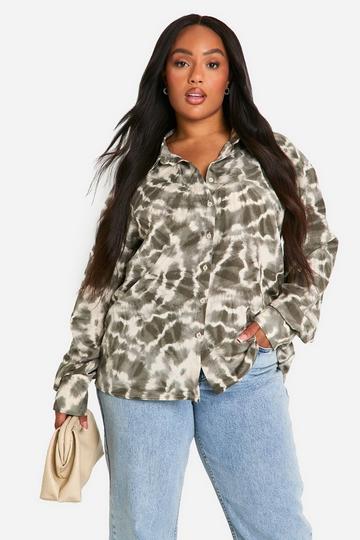 Plus Oversized Tie Dye Abstract Overhemd washed khaki