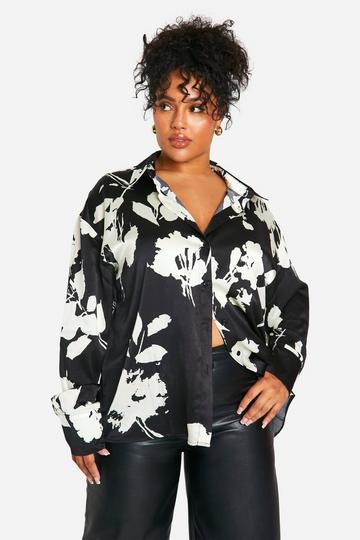 Plus Floral Mono Oversized Shirt black