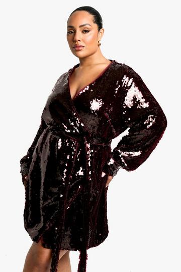 Plus Premium Sequin Wrap Dress malbec