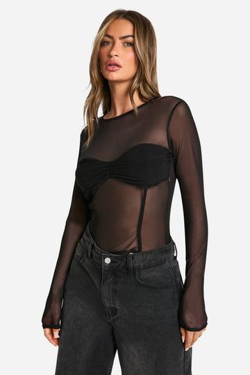 Mesh Twist Front Long Sleeve Top black