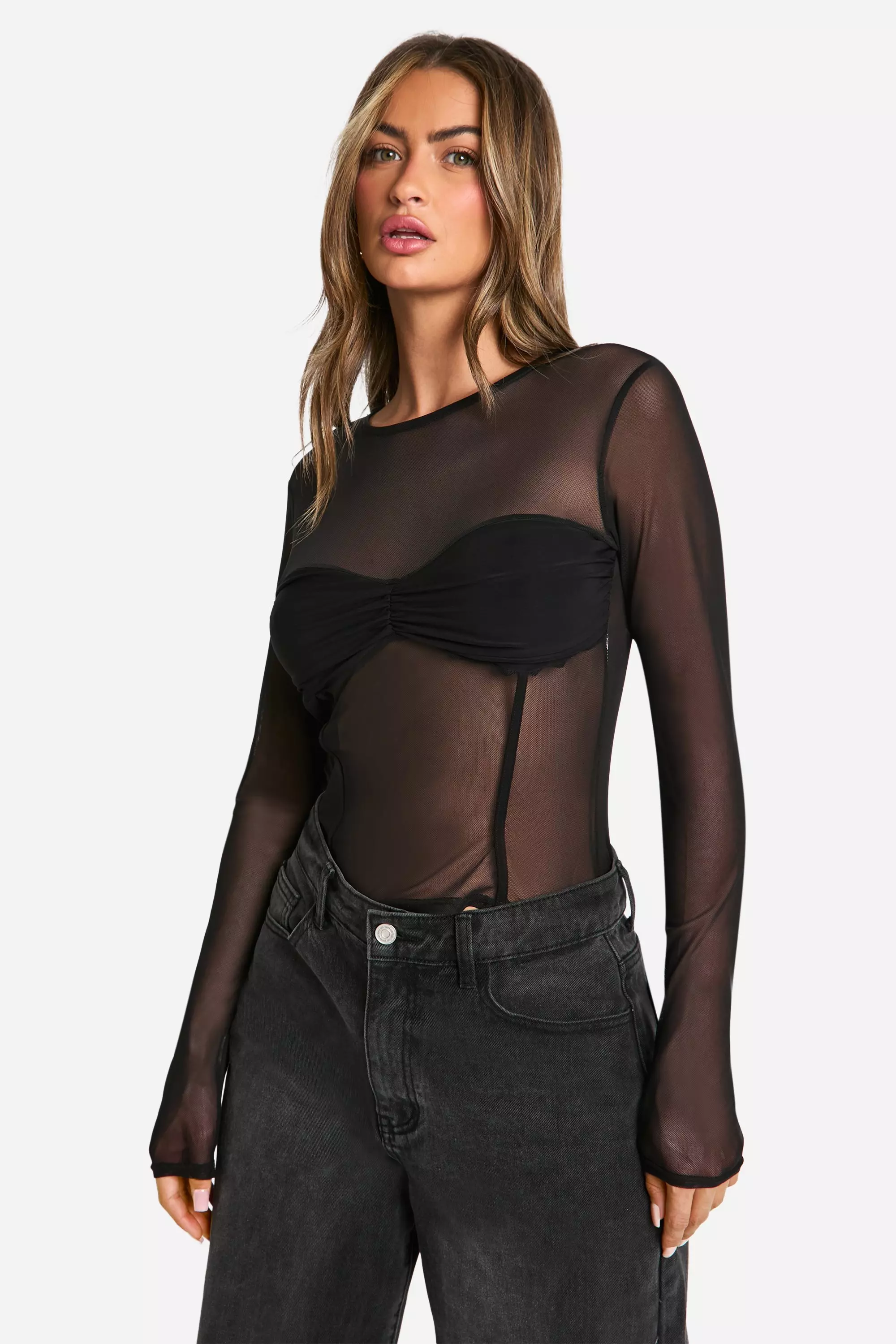 Black Mesh Twist Front Long Sleeve Top alternative image