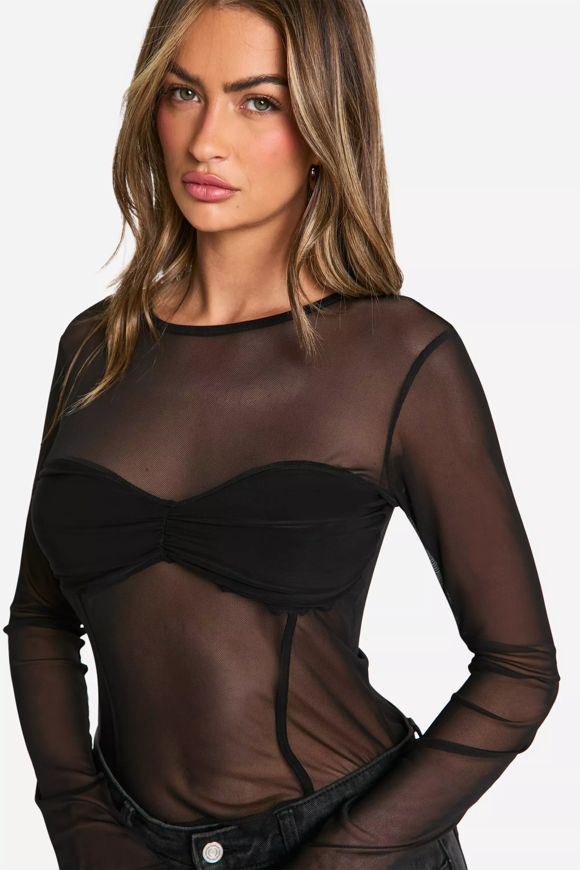 Black Mesh Twist Front Long Sleeve Top alternative image
