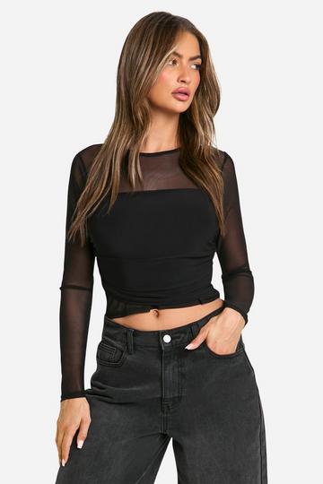 Top Met Mesh Paneel En Lange Mouwen black